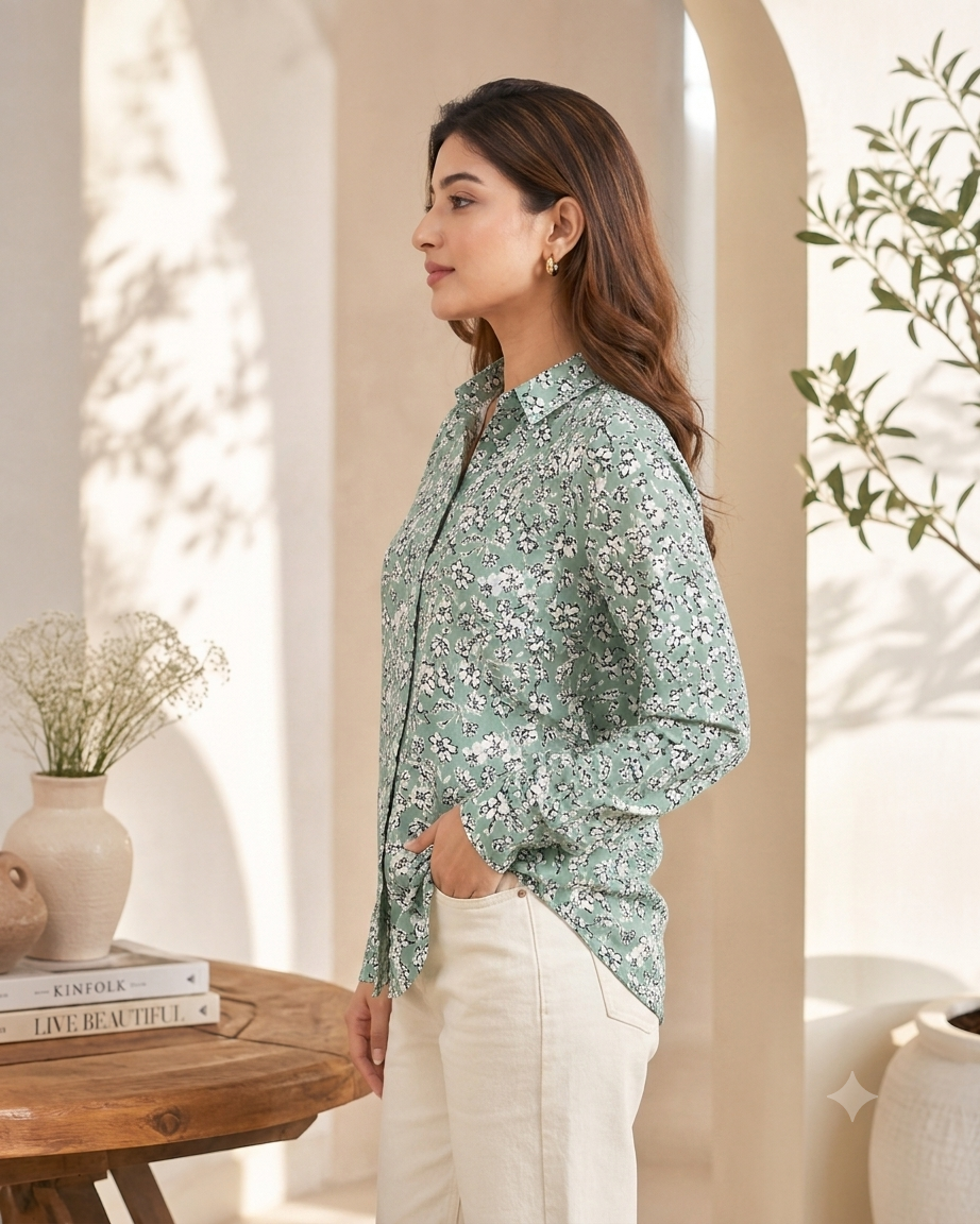 Floral Print Full Sleeve Shirt | 100% Polyester Loose Fit Casual Shirt | Button-Down Collared Shirt for Everyday Wear Green