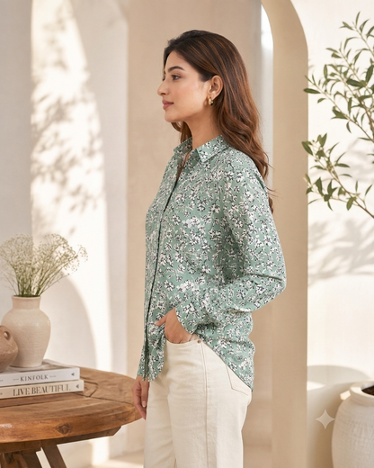 Floral Print Full Sleeve Shirt | 100% Polyester Loose Fit Casual Shirt | Button-Down Collared Shirt for Everyday Wear Green