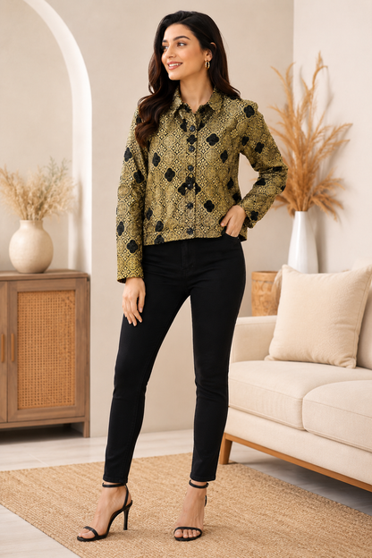 Beige Printed Full Sleeve Jacket | 100% Polyester | Loose Fit Casual Button-Down Shirt Collar Jacket