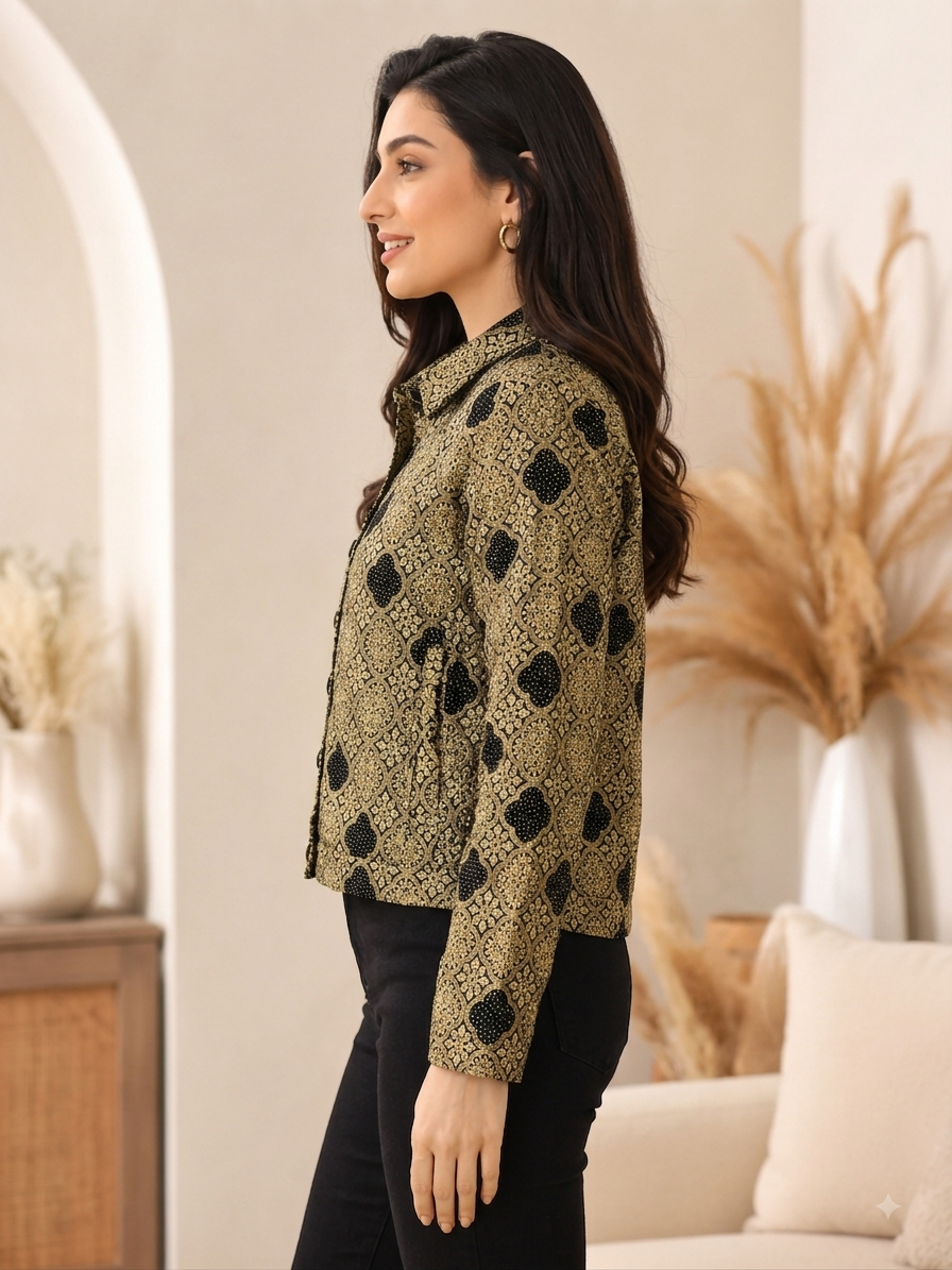 Beige Printed Full Sleeve Jacket | 100% Polyester | Loose Fit Casual Button-Down Shirt Collar Jacket