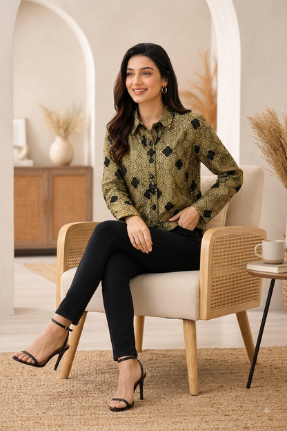 Beige Printed Full Sleeve Jacket | 100% Polyester | Loose Fit Casual Button-Down Shirt Collar Jacket