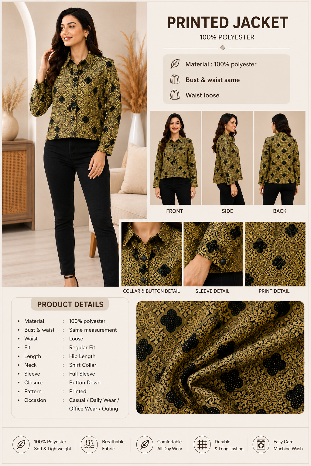 Beige Printed Full Sleeve Jacket | 100% Polyester | Loose Fit Casual Button-Down Shirt Collar Jacket