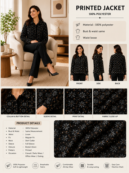 NoBarr Women's Printed Full Sleeve Jacket | 100% Polyester | Loose Fit Casual Button-Down Shirt Collar Jacket