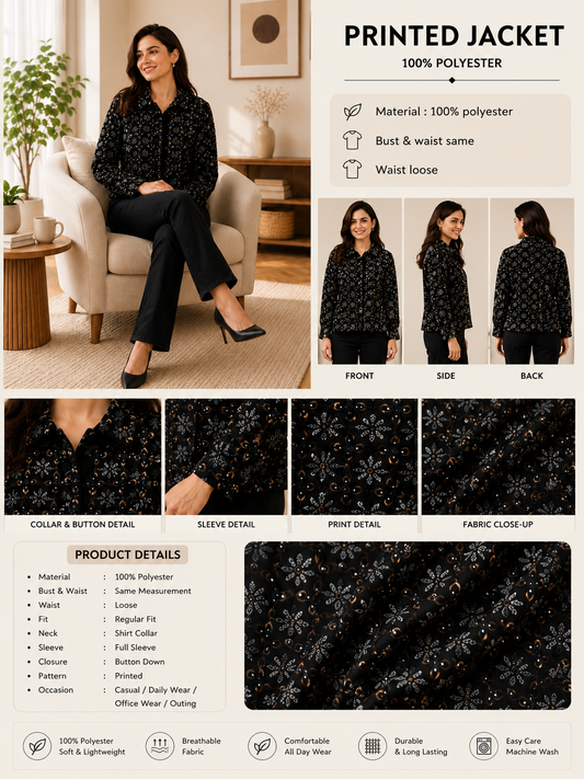 NoBarr Women's Printed Full Sleeve Jacket | 100% Polyester | Loose Fit Casual Button-Down Shirt Collar Jacket