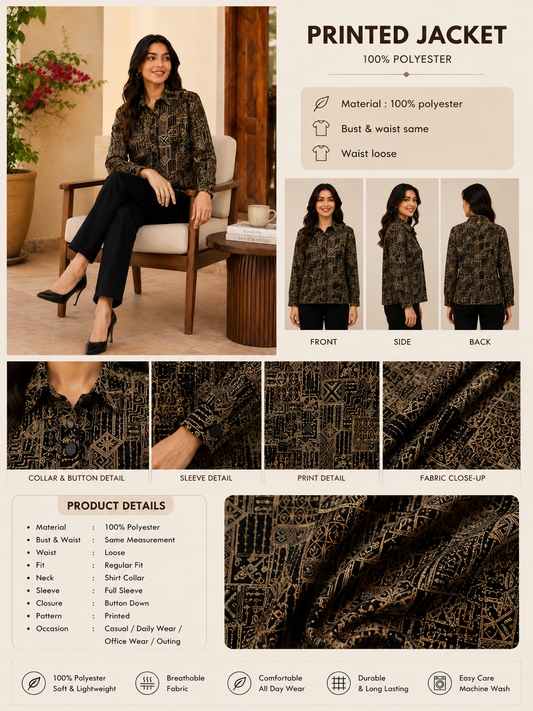 NoBarr Women's Full Sleeve Jacket | 100% Polyester | Loose Fit Casual Button-Down Shirt Collar Jacket