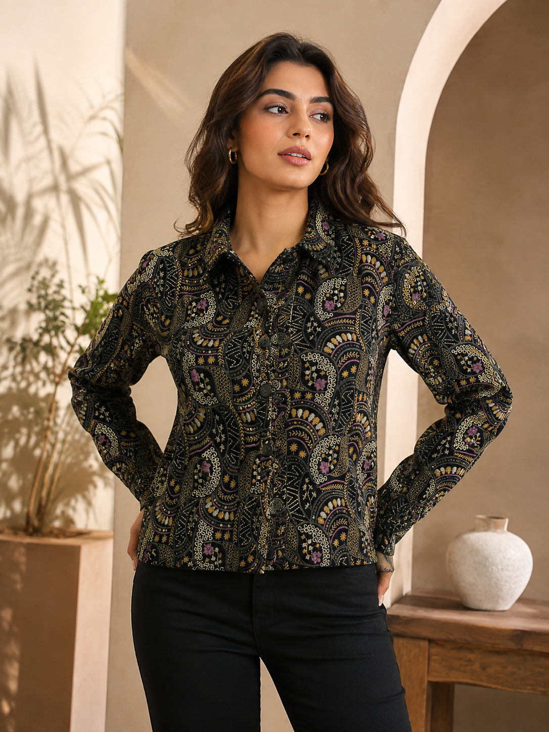 NoBarr Women's Black Printed Full Sleeve Jacket | 100% Polyester | Classic shirt collar