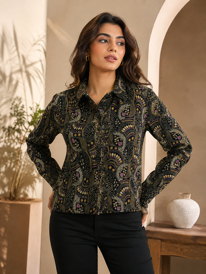 NoBarr Women's Black Printed Full Sleeve Jacket | 100% Polyester | Classic shirt collar