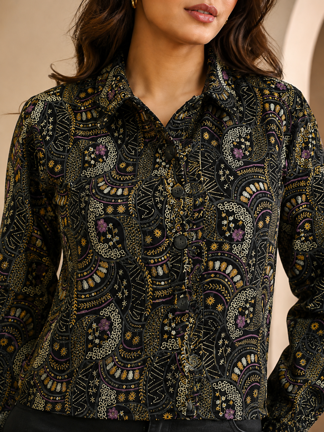NoBarr Women's Black Printed Full Sleeve Jacket | 100% Polyester | Classic shirt collar