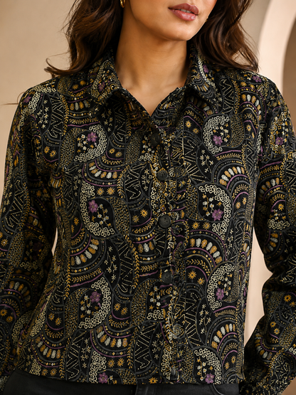 NoBarr Women's Black Printed Full Sleeve Jacket | 100% Polyester | Classic shirt collar