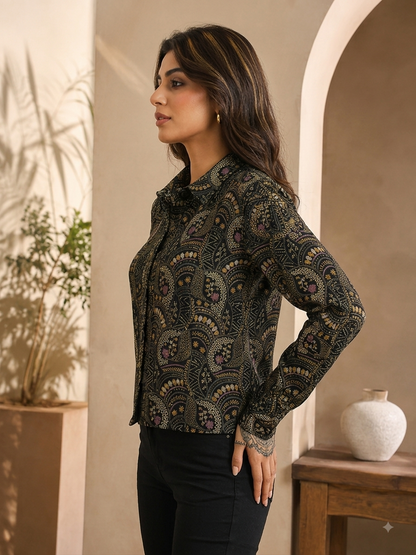 NoBarr Women's Black Printed Full Sleeve Jacket | 100% Polyester | Classic shirt collar