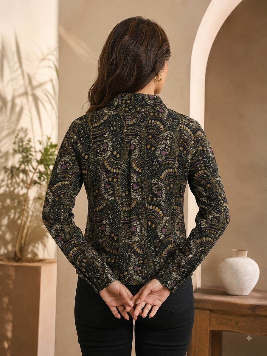 NoBarr Women's Black Printed Full Sleeve Jacket | 100% Polyester | Classic shirt collar