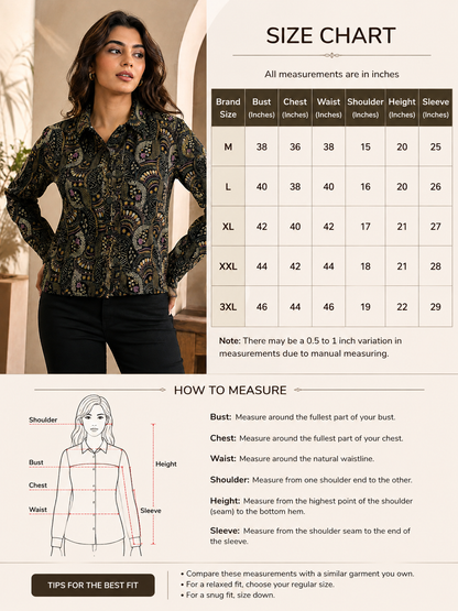 NoBarr Women's Black Printed Full Sleeve Jacket | 100% Polyester | Classic shirt collar