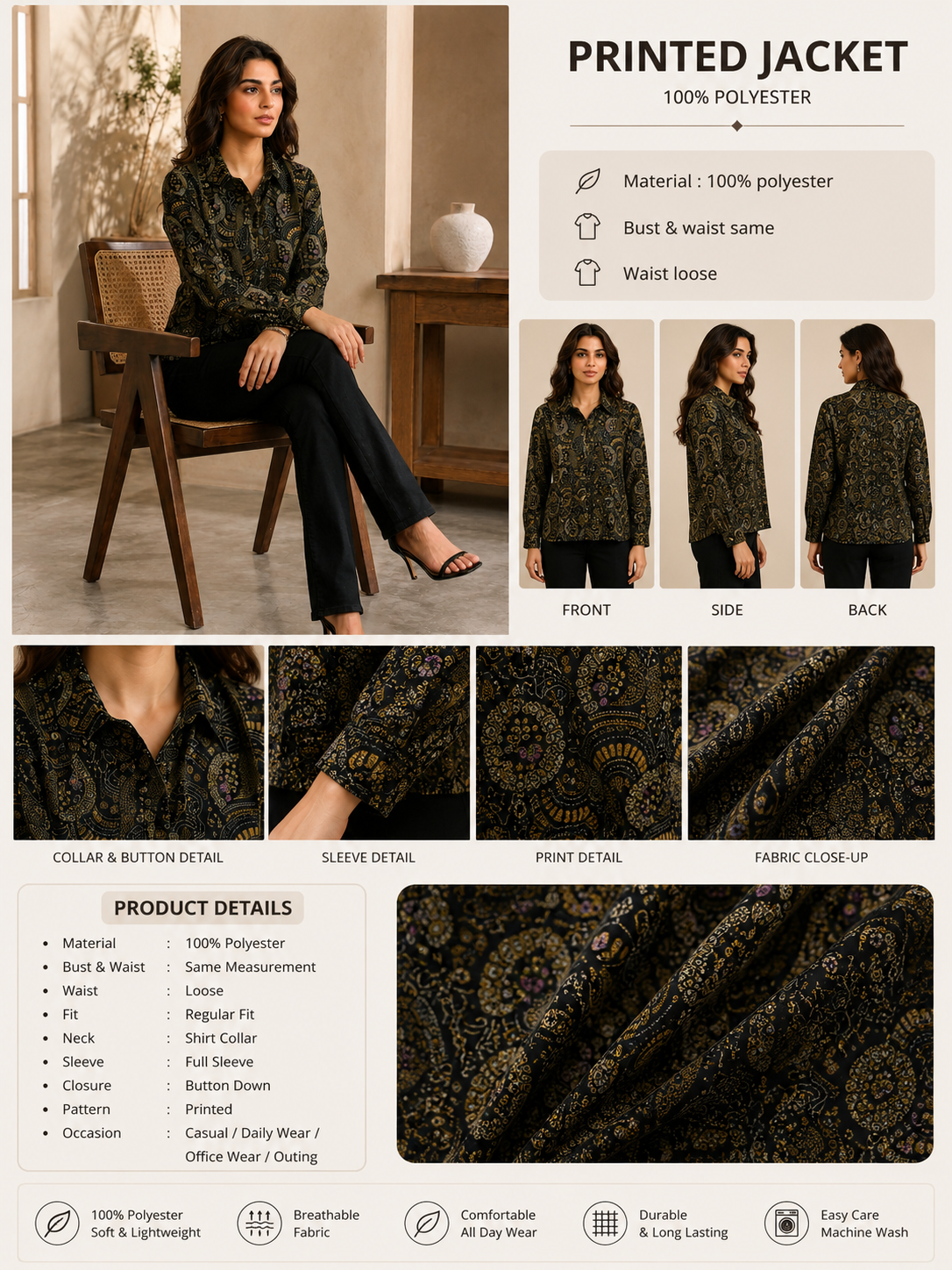 NoBarr Women's Black Printed Full Sleeve Jacket | 100% Polyester | Classic shirt collar
