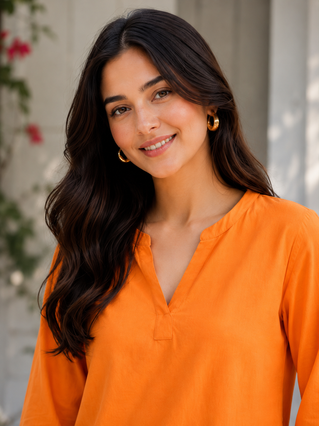Orange Solid Long Top | 100% Cotton | Full Sleeve V-Neck Loose Fit Casual Top