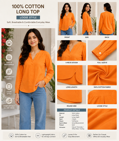 Orange Solid Long Top | 100% Cotton | Full Sleeve V-Neck Loose Fit Casual Top