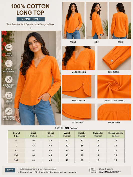 Orange Solid Long Top | 100% Cotton | Full Sleeve V-Neck Loose Fit Casual Top