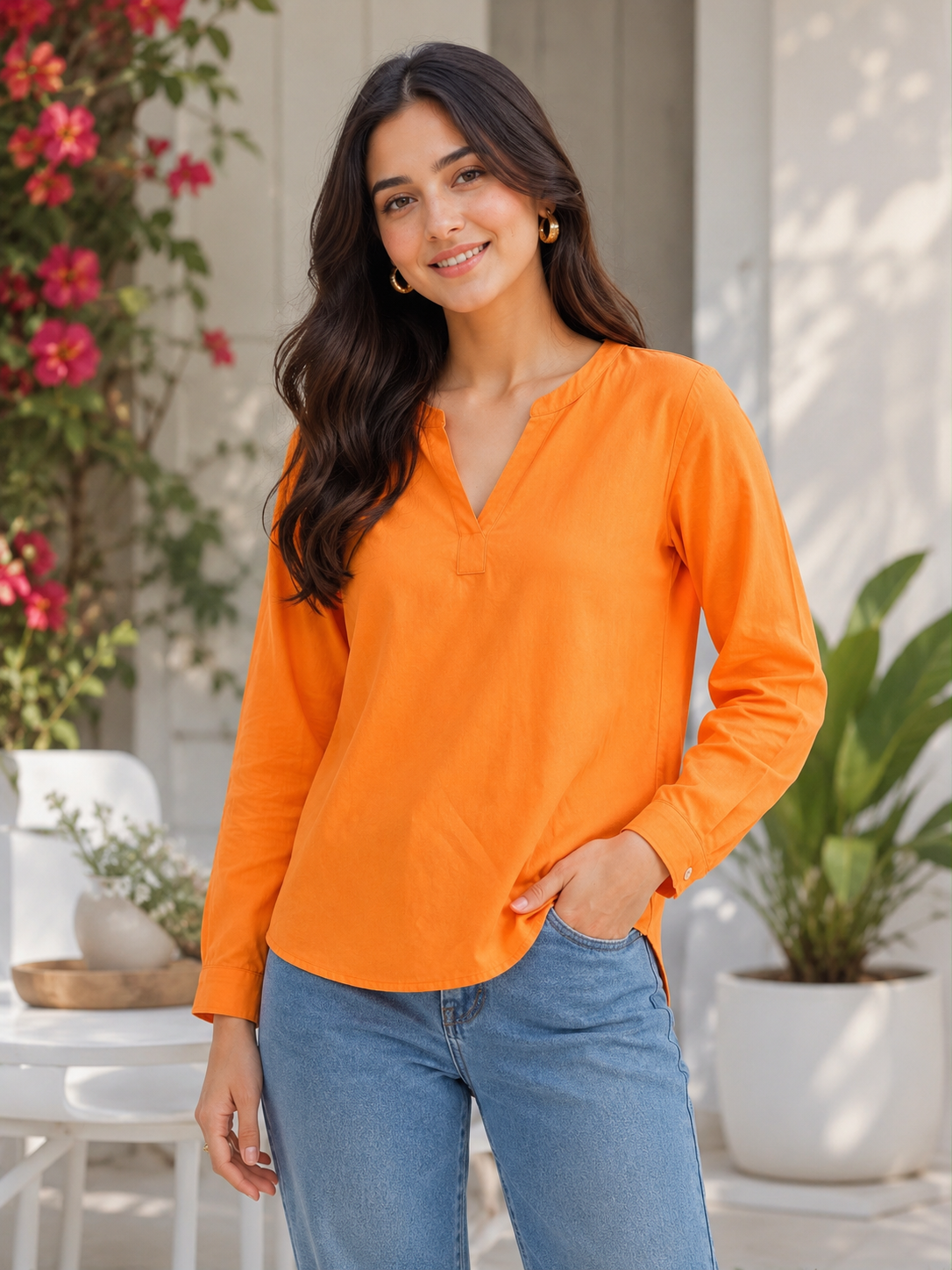 Orange Solid Long Top | 100% Cotton | Full Sleeve V-Neck Loose Fit Casual Top