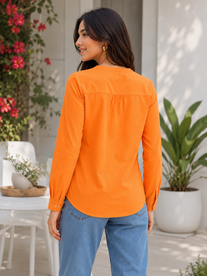 Orange Solid Long Top | 100% Cotton | Full Sleeve V-Neck Loose Fit Casual Top