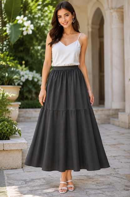 Solid Black Tiered Maxi Skirt | Elastic Waist | Loose Fit | Full Length Flared Skirt | Casual & Everyday Wear