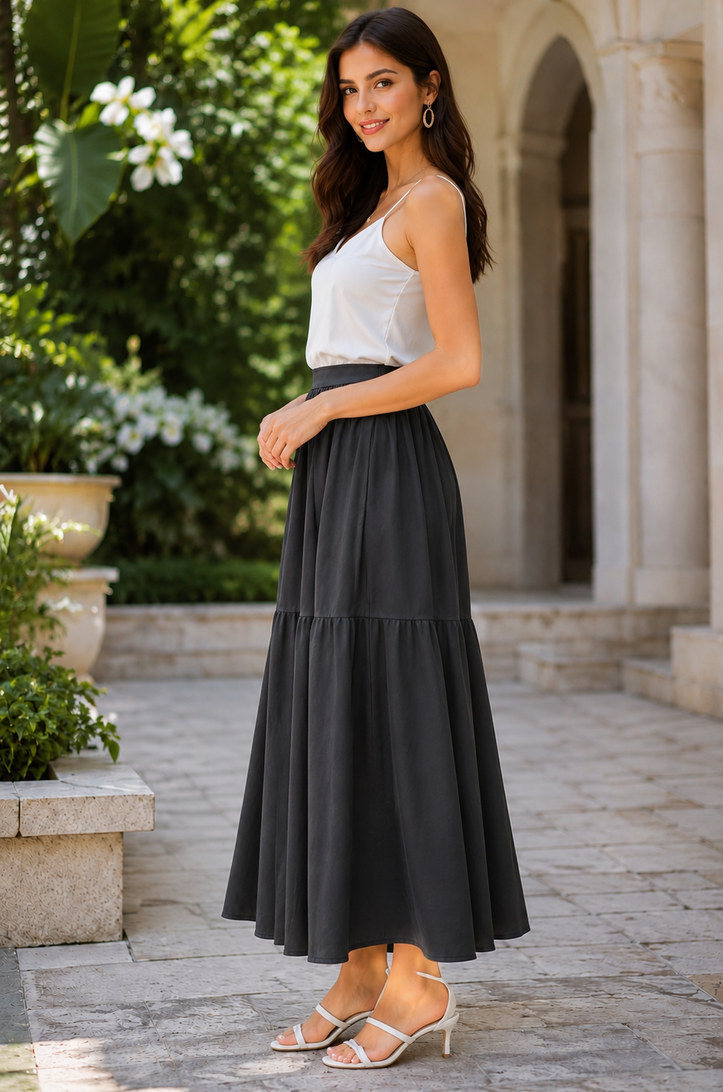 Solid Black Tiered Maxi Skirt | Elastic Waist | Loose Fit | Full Length Flared Skirt | Casual & Everyday Wear