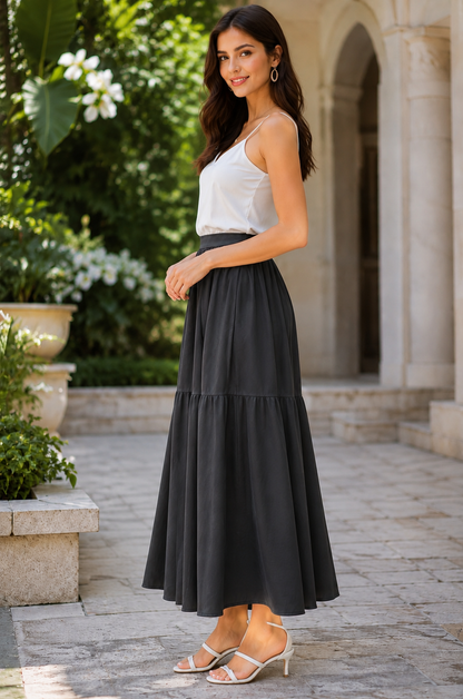 Solid Black Tiered Maxi Skirt | Elastic Waist | Loose Fit | Full Length Flared Skirt | Casual & Everyday Wear