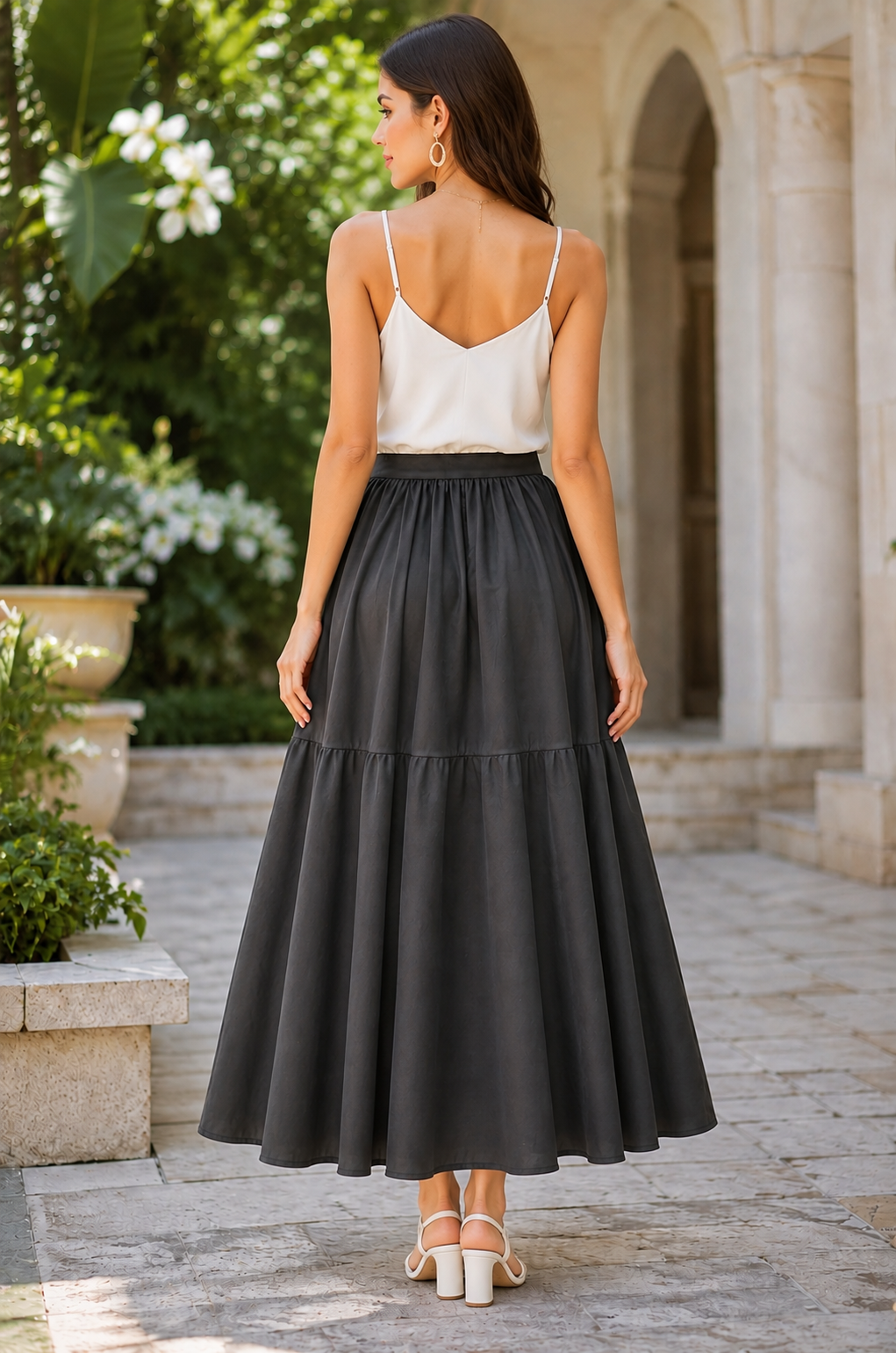 Solid Black Tiered Maxi Skirt | Elastic Waist | Loose Fit | Full Length Flared Skirt | Casual & Everyday Wear