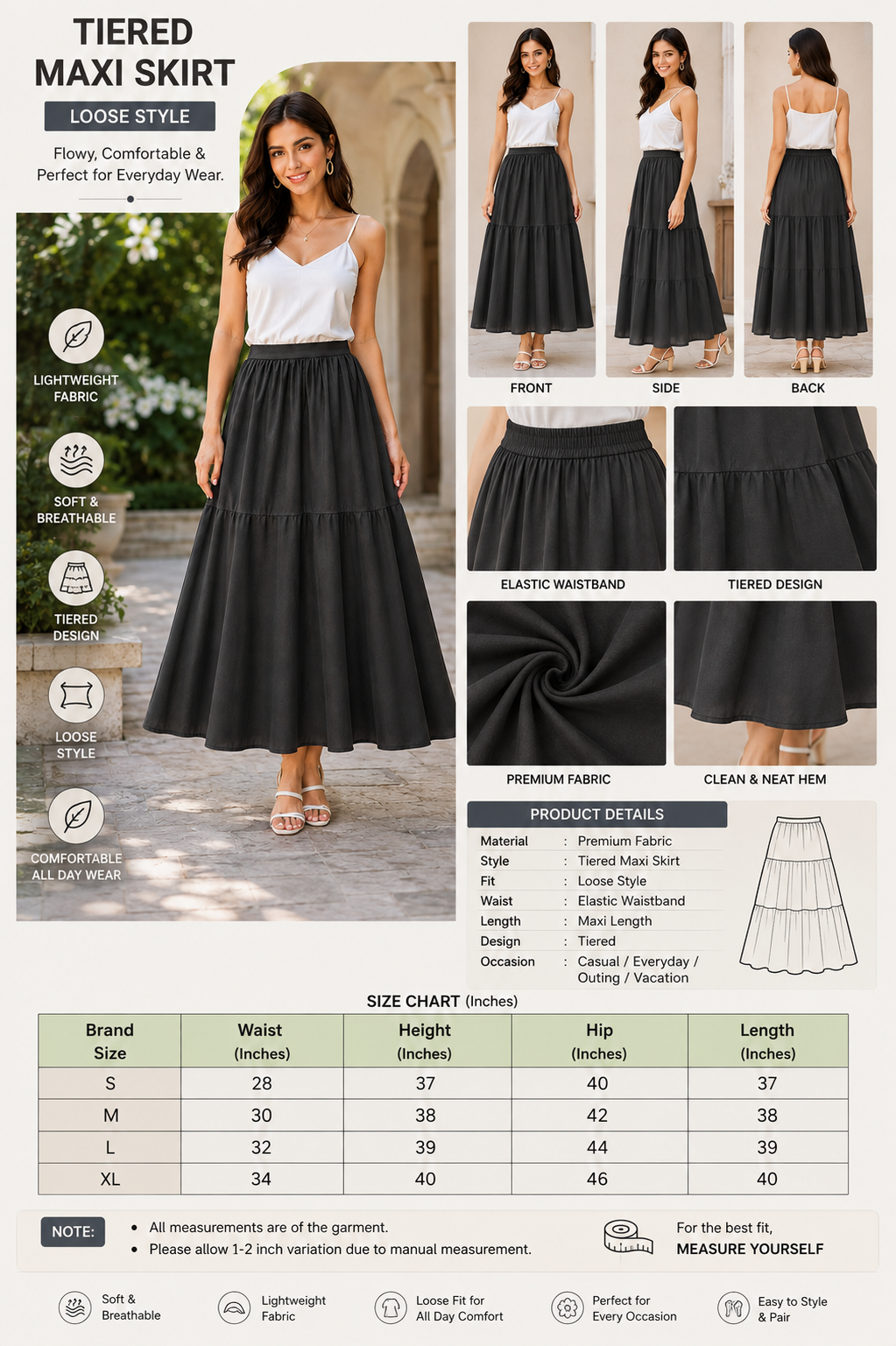 Solid Black Tiered Maxi Skirt | Elastic Waist | Loose Fit | Full Length Flared Skirt | Casual & Everyday Wear