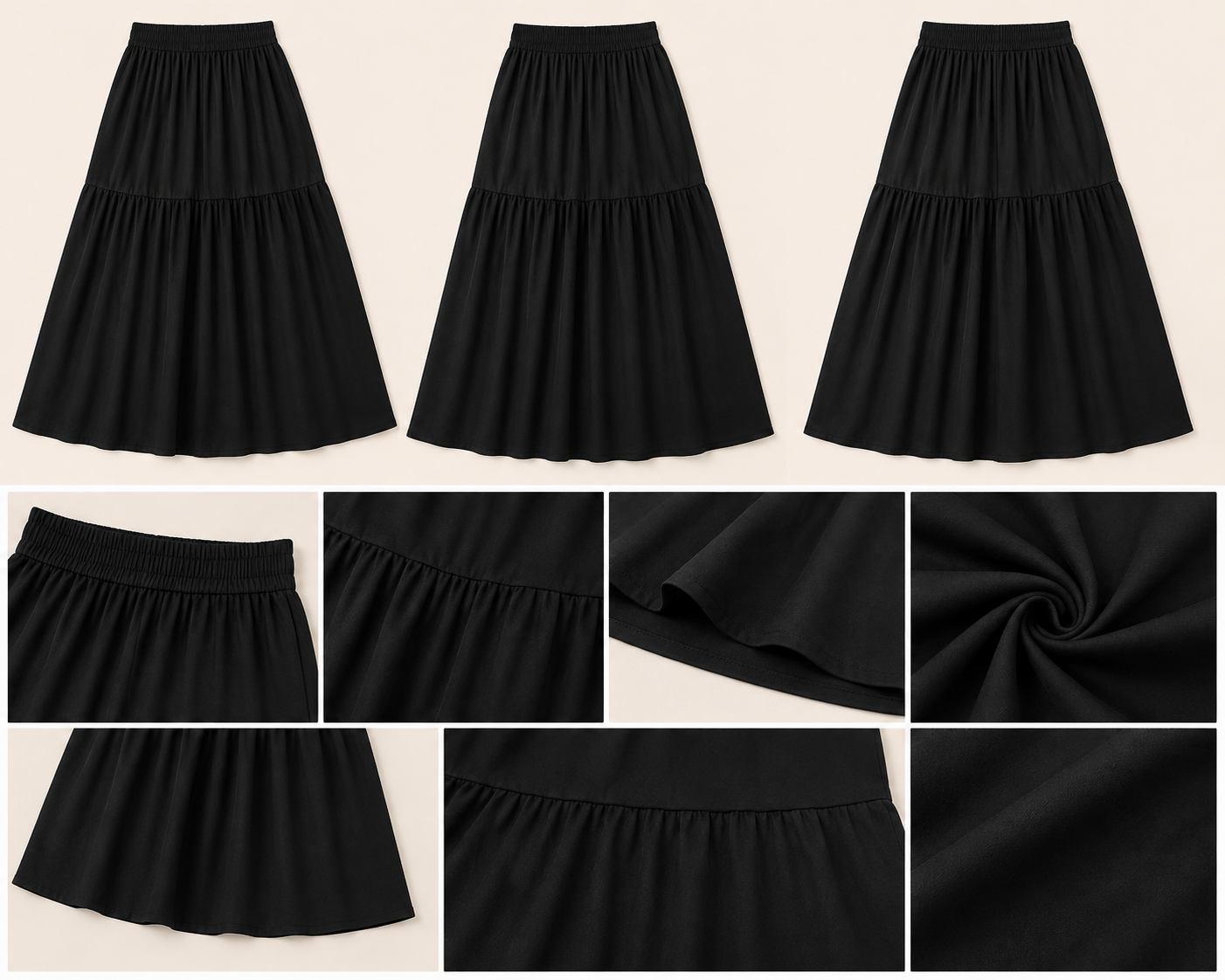 Solid Black Tiered Maxi Skirt | Elastic Waist | Loose Fit | Full Length Flared Skirt | Casual & Everyday Wear