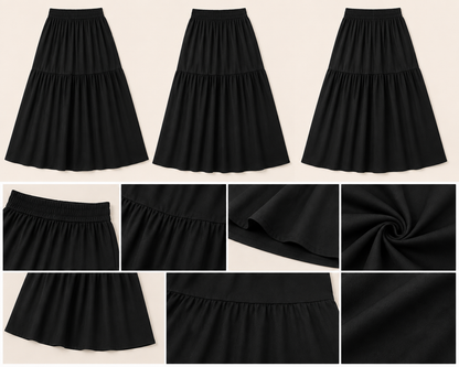 Solid Black Tiered Maxi Skirt | Elastic Waist | Loose Fit | Full Length Flared Skirt | Casual & Everyday Wear