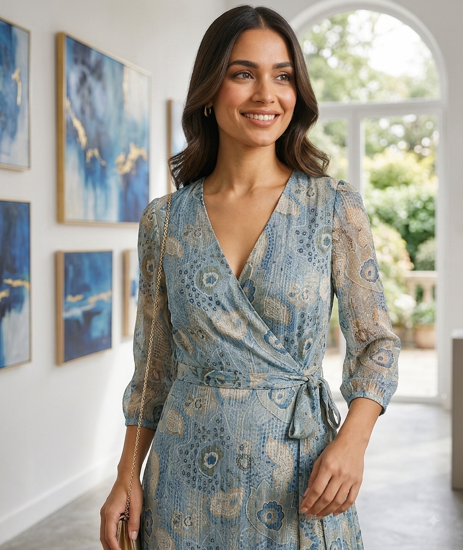 Blue Floral Printed Lurex Wrap Dress with Tie Waist, V-Neck & 3/4 Sleeves | Knee-Length A-Line