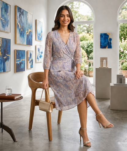 Multicolor Floral Printed Lurex Wrap Dress with Tie Waist, V-Neck & 3/4 Sleeves | Knee-Length A-Line