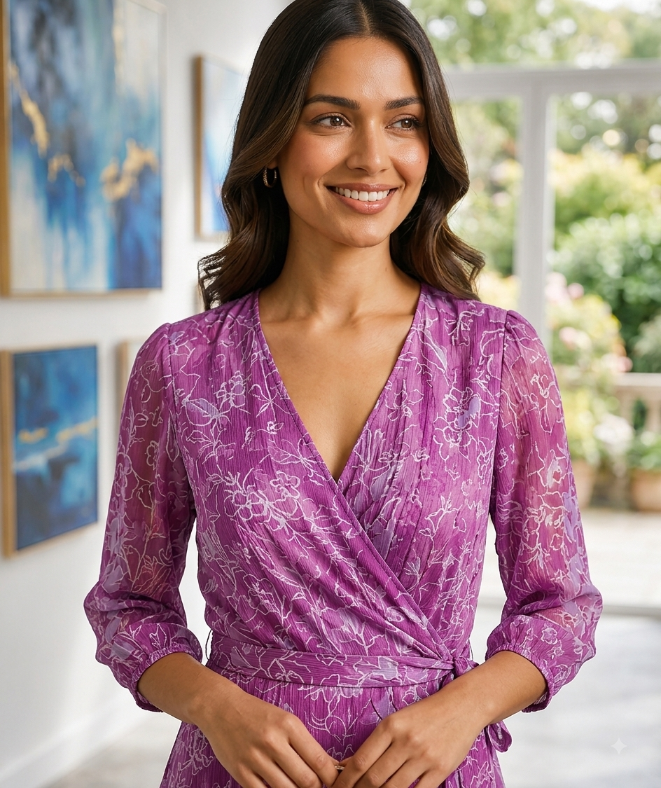 Purple Floral Lurex Wrap Dress | 97% Polyester 3% Metallic | 3/4 Sleeve | Floral Printed Party & Casual Dress