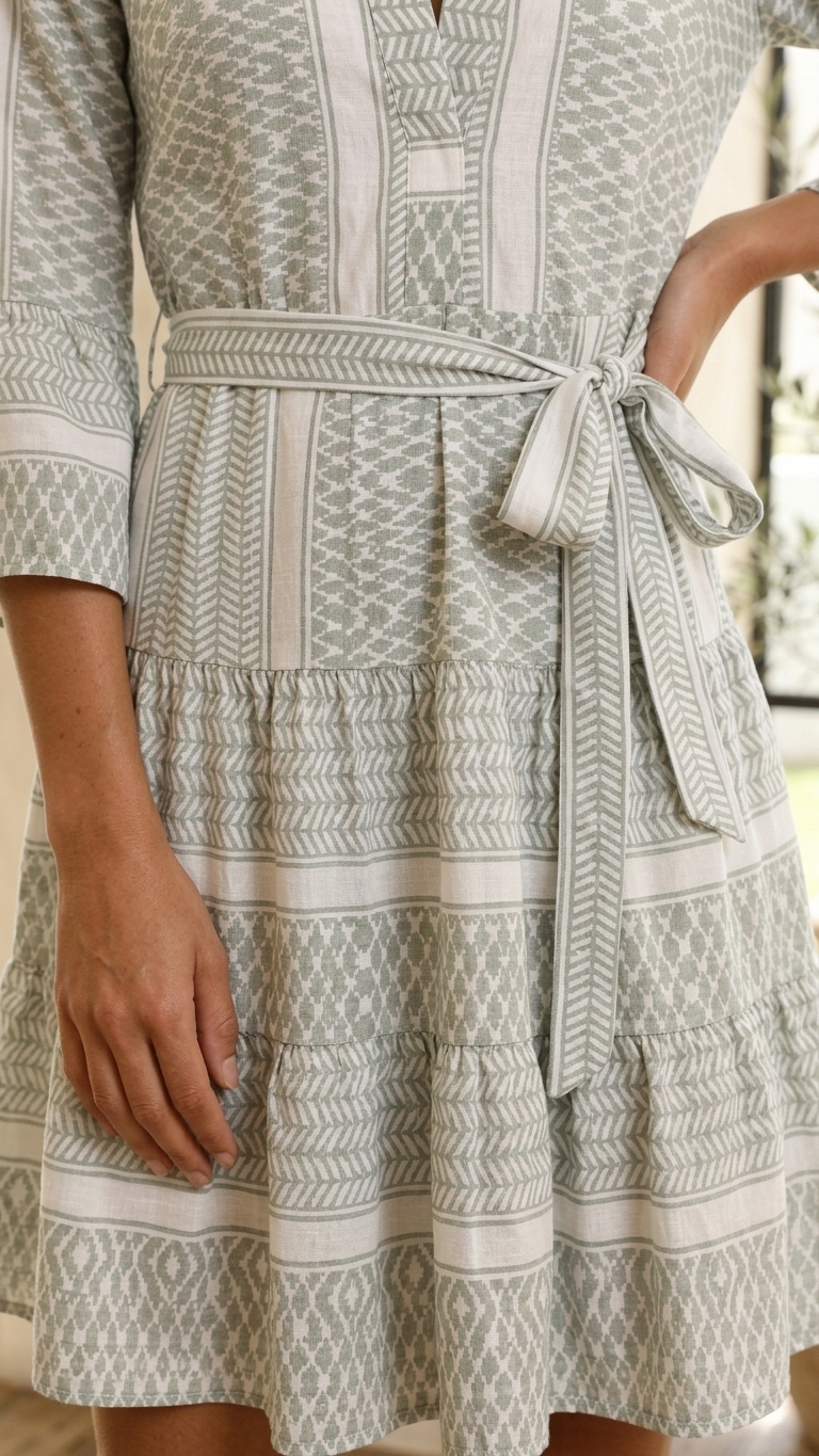 100% Polyester Geometric Printed A-Line Dress with V-Neck, 3/4 Flared Sleeves & Waist Tie Green