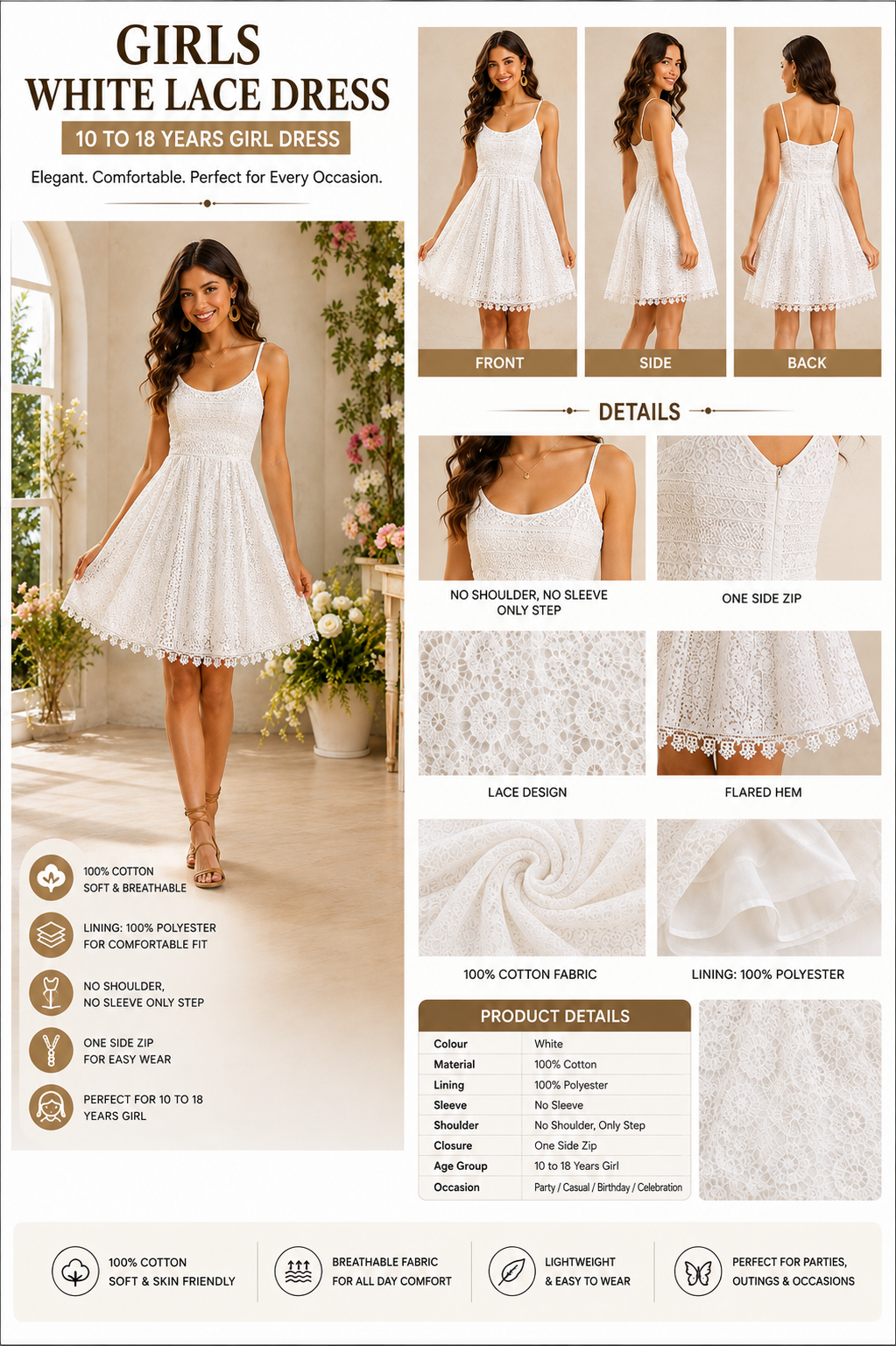 White Cotton A-Line Dress with Lace Detailing, Sleeveless Spaghetti Straps, One Side Zip & Polyester Lining – Party & Casual Dress