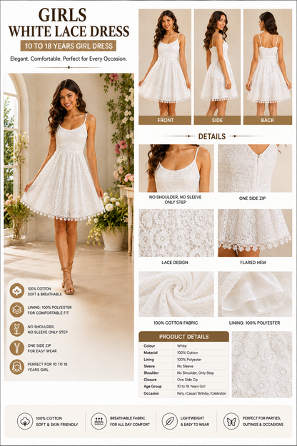 White Cotton A-Line Dress with Lace Detailing, Sleeveless Spaghetti Straps, One Side Zip & Polyester Lining – Party & Casual Dress