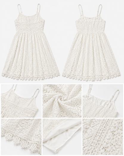 White Cotton A-Line Dress with Lace Detailing, Sleeveless Spaghetti Straps, One Side Zip & Polyester Lining – Party & Casual Dress