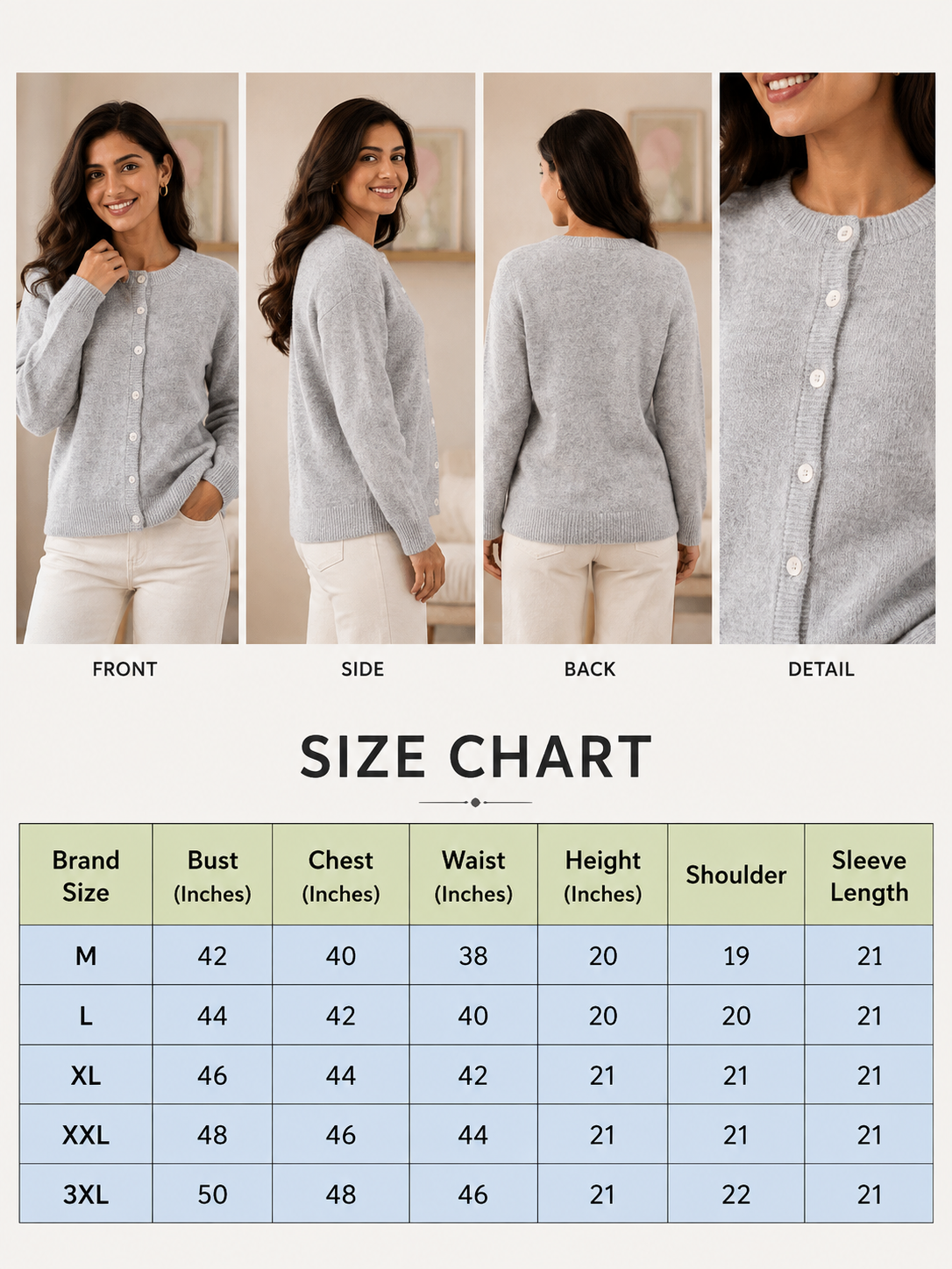 Grey Soft Knit Cardigan Sweater with Full Sleeves, Button Front & Round Neck