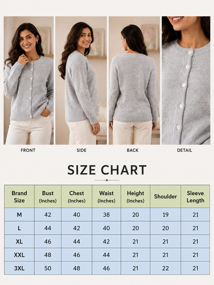 Grey Soft Knit Cardigan Sweater with Full Sleeves, Button Front & Round Neck
