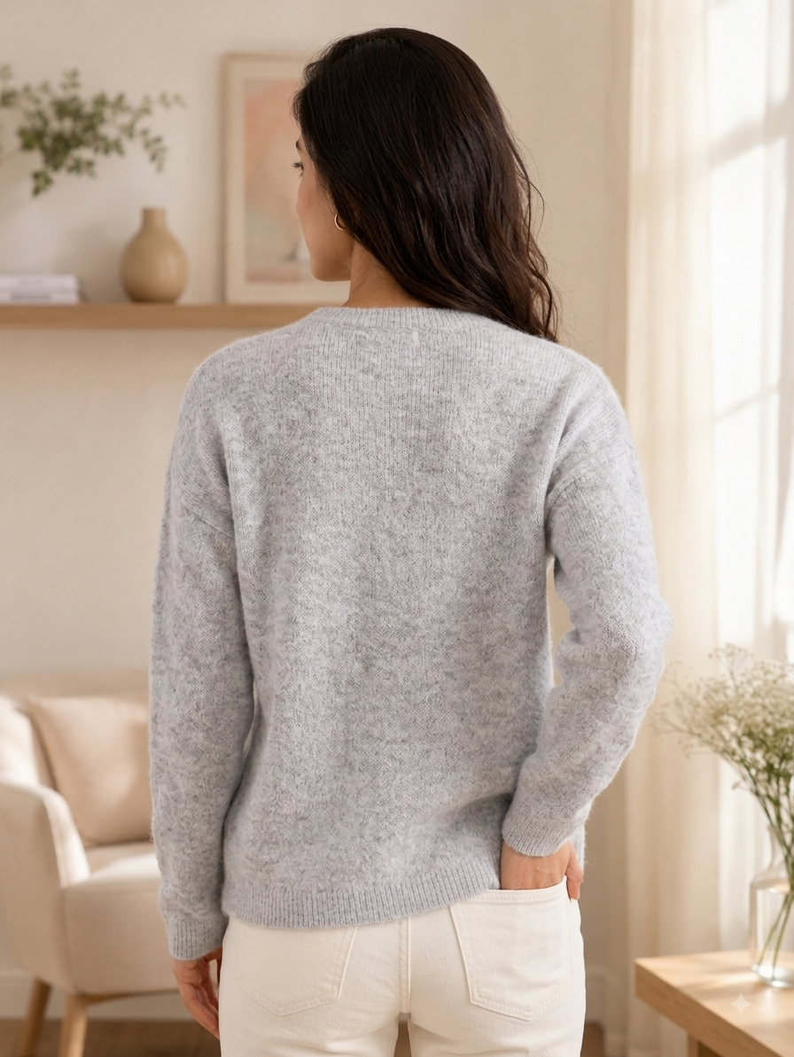 Grey Soft Knit Cardigan Sweater with Full Sleeves, Button Front & Round Neck