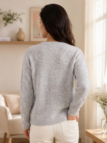 Grey Soft Knit Cardigan Sweater with Full Sleeves, Button Front & Round Neck