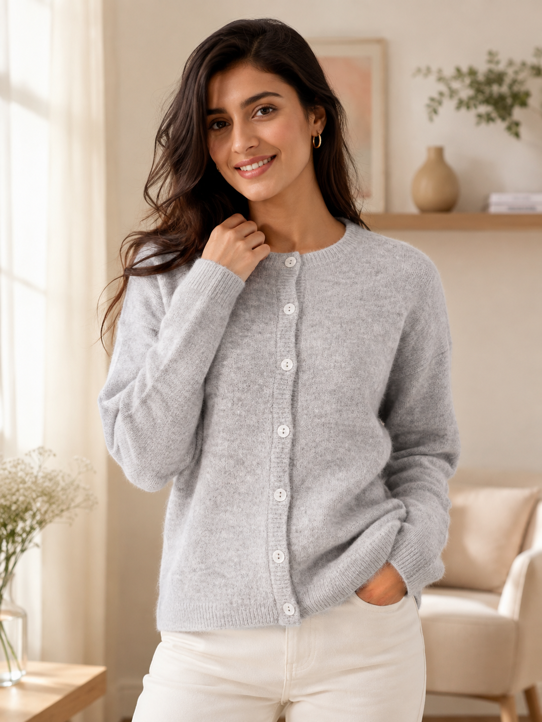 Grey Soft Knit Cardigan Sweater with Full Sleeves, Button Front & Round Neck