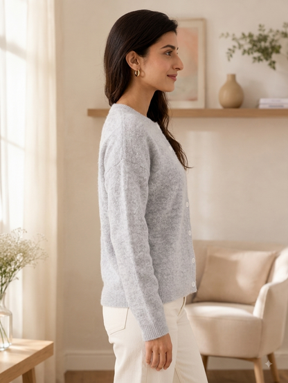 Grey Soft Knit Cardigan Sweater with Full Sleeves, Button Front & Round Neck