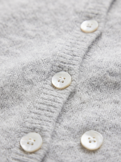 Grey Soft Knit Cardigan Sweater with Full Sleeves, Button Front & Round Neck