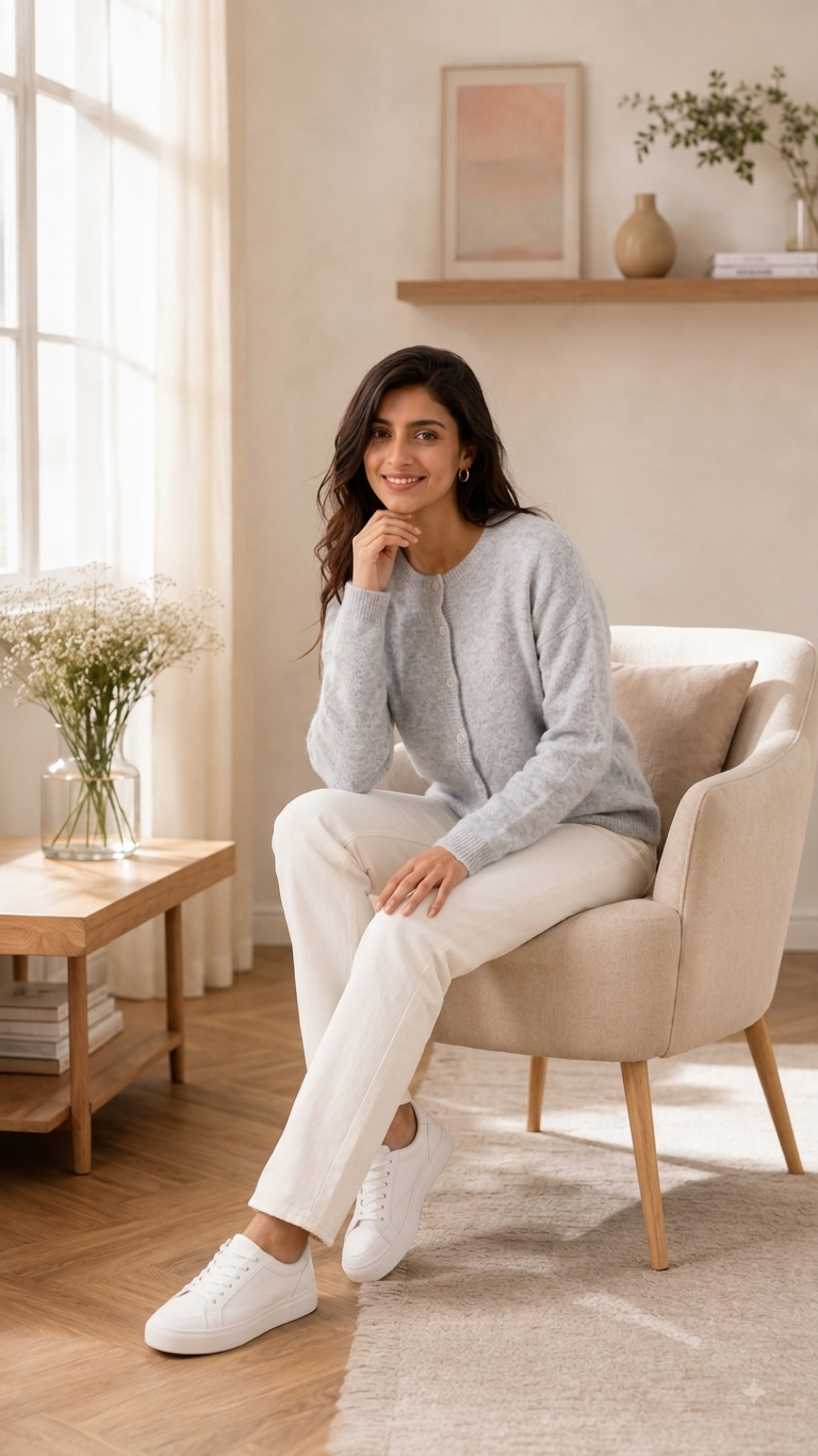 Grey Soft Knit Cardigan Sweater with Full Sleeves, Button Front & Round Neck