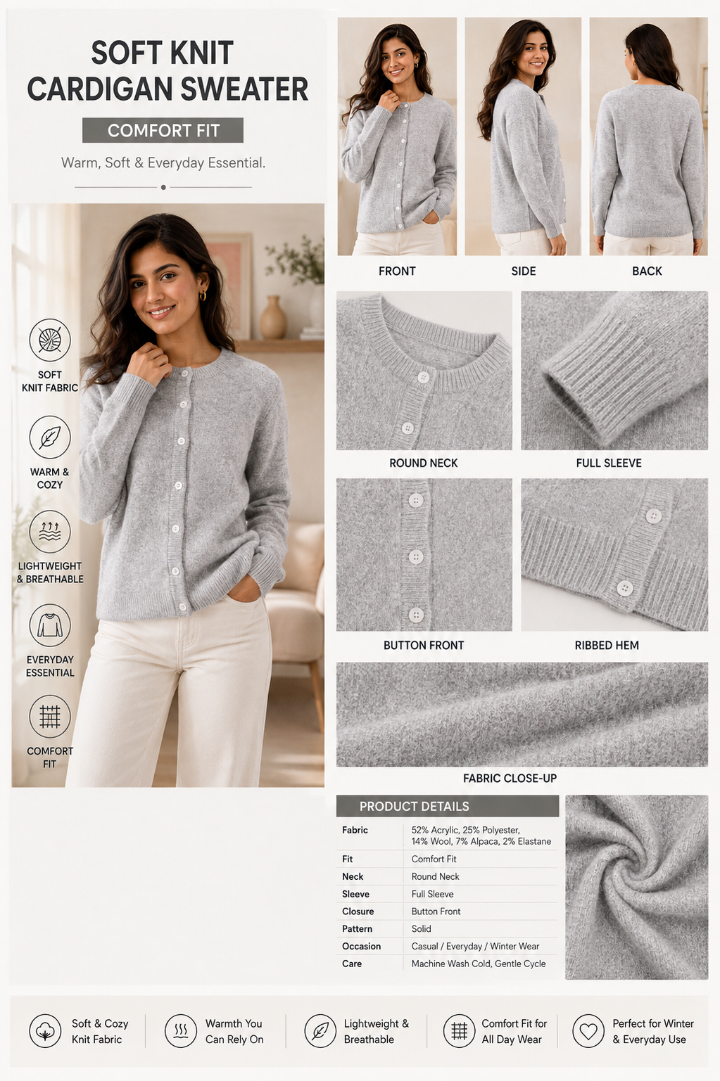 Grey Soft Knit Cardigan Sweater with Full Sleeves, Button Front & Round Neck