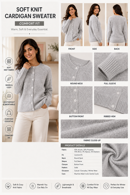 Grey Soft Knit Cardigan Sweater with Full Sleeves, Button Front & Round Neck
