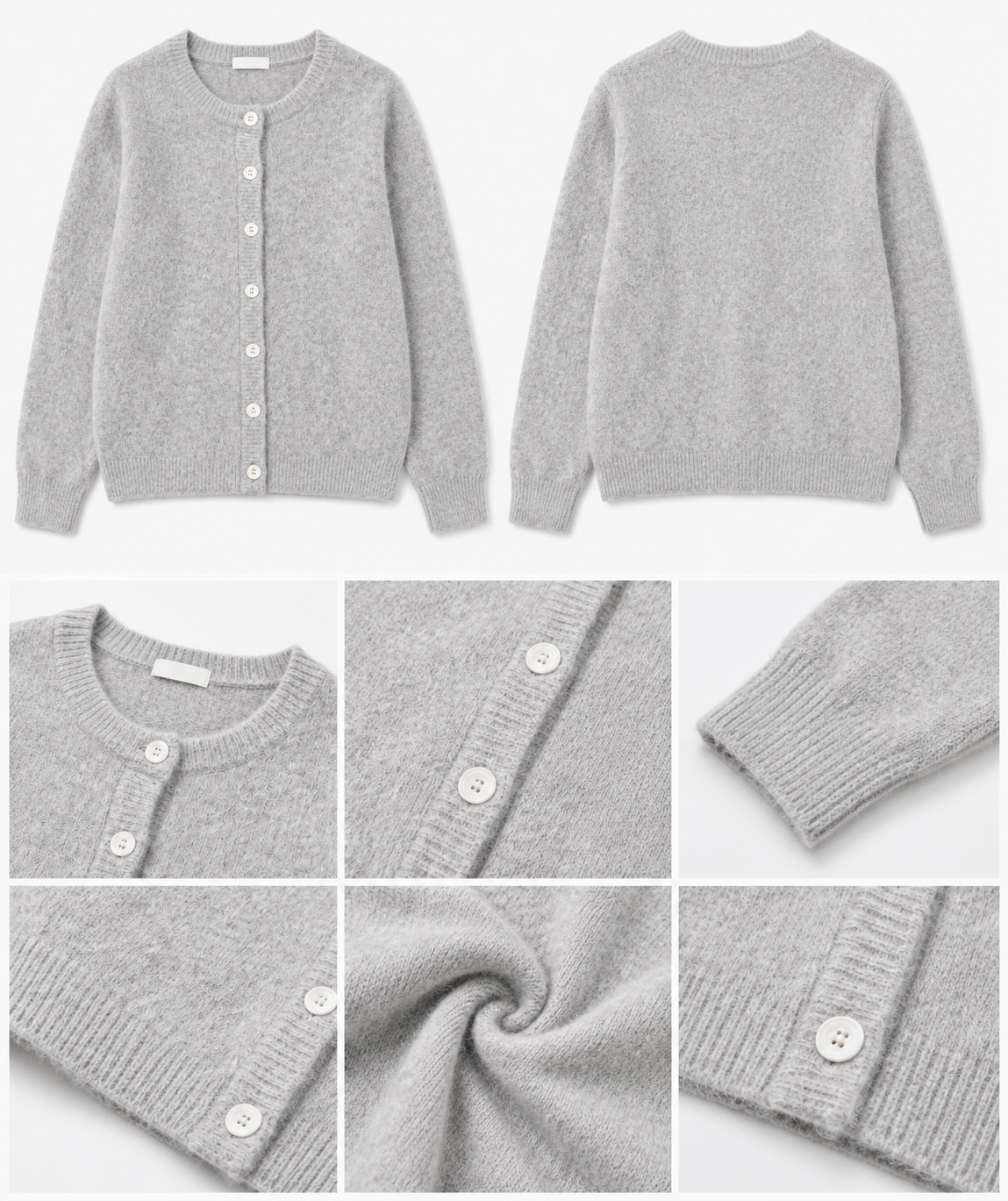 Grey Soft Knit Cardigan Sweater with Full Sleeves, Button Front & Round Neck
