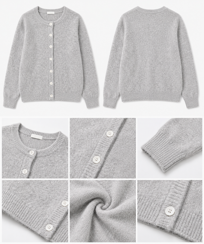 Grey Soft Knit Cardigan Sweater with Full Sleeves, Button Front & Round Neck