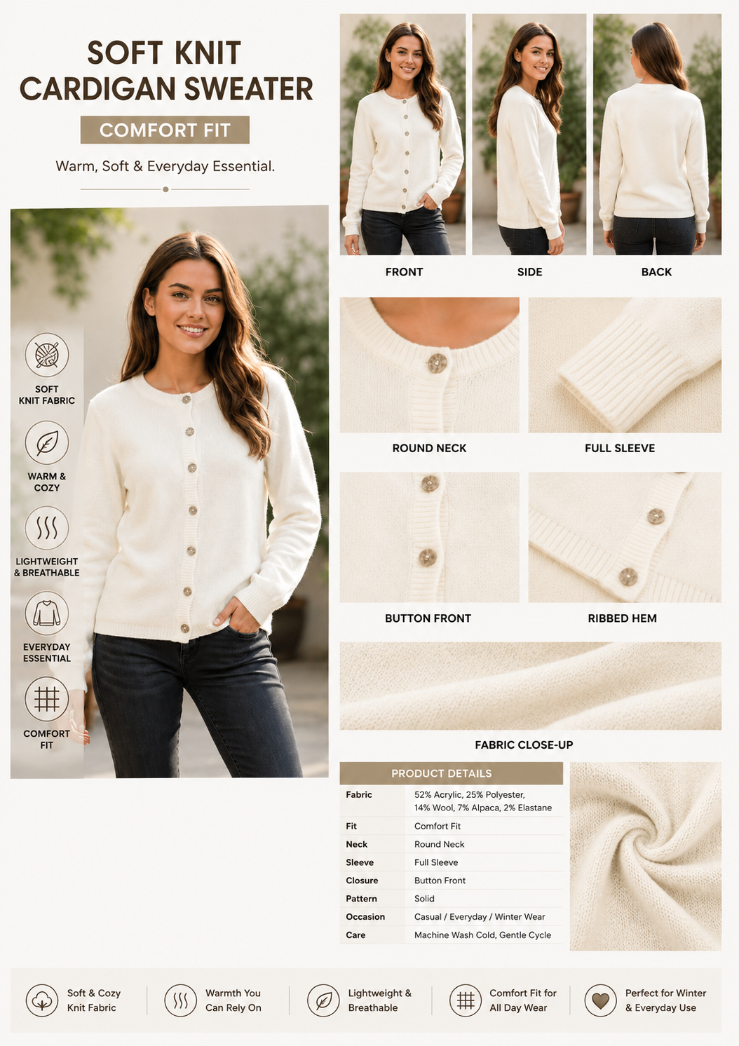 Off-White Soft Knit Cardigan Sweater with Full Sleeves, Button Front & Round Neck