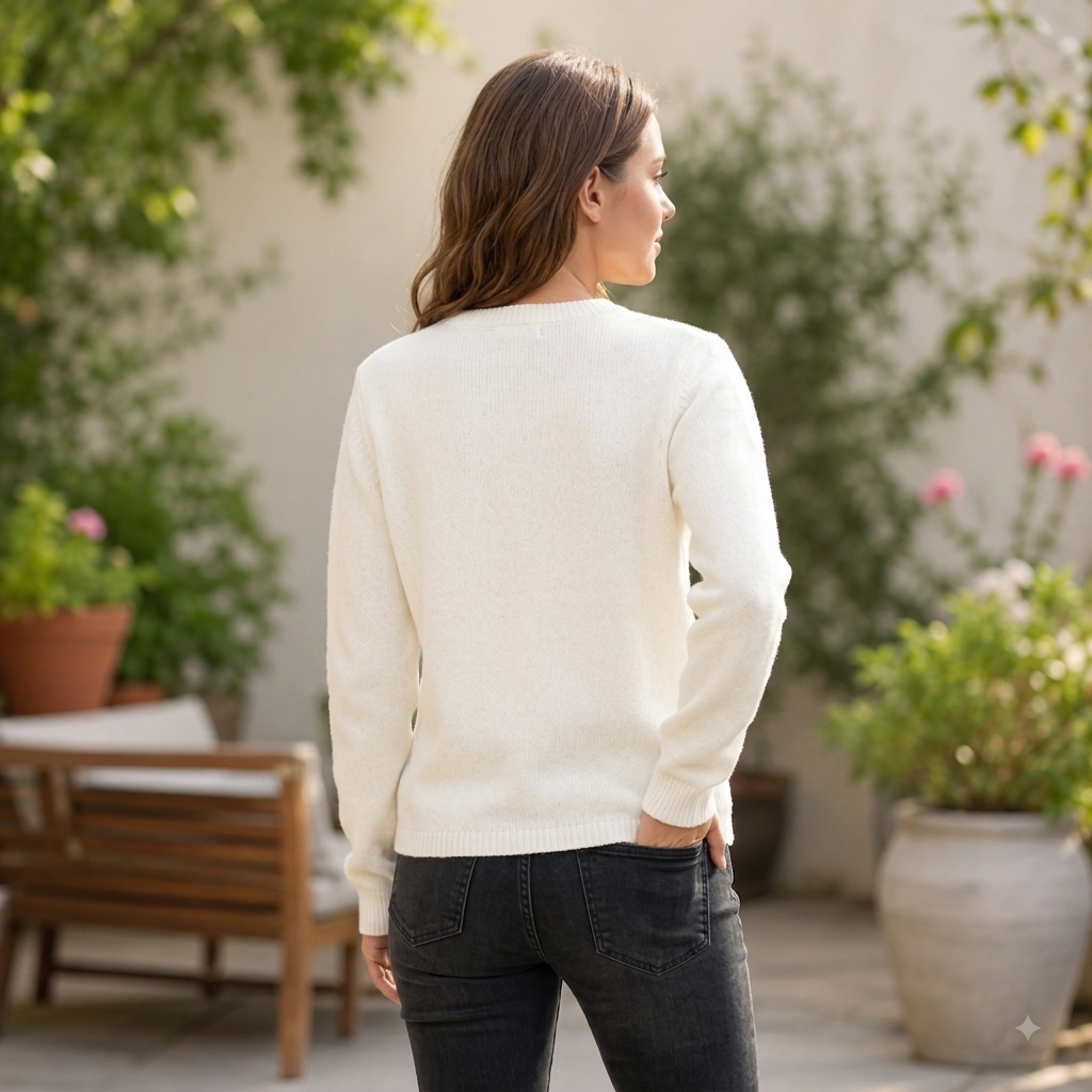 Off-White Soft Knit Cardigan Sweater with Full Sleeves, Button Front & Round Neck